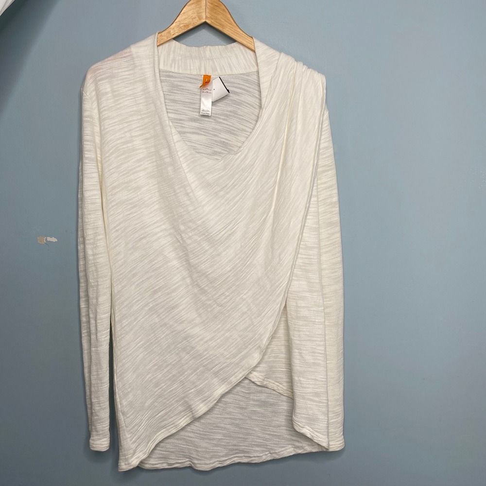 Lucy Womens Small White Draped Crossover Front Long‎ Sleeve Slub Knit Yoga Top